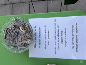 En tävling med gissa antalet nycklar i en glasskål