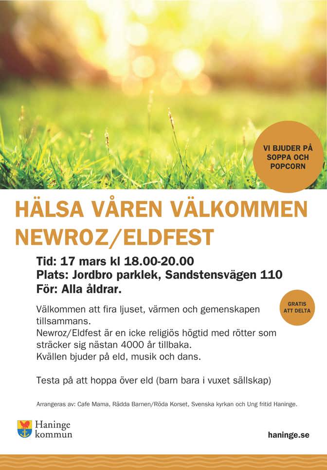 Affisch om newroz 17 mars  i Jordbro Parklek kl 18-20.